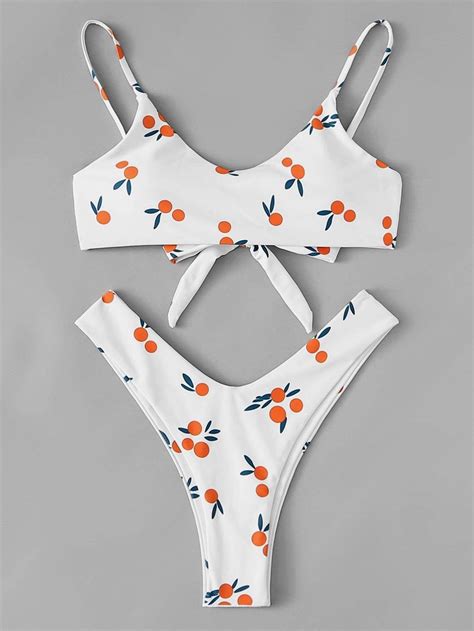 White Fruit Print Cami Top Swimsuit With High Leg Bikini Bottom High