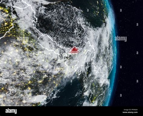 Bhutan From Space On Planet Earth At Night With Visible Country Borders