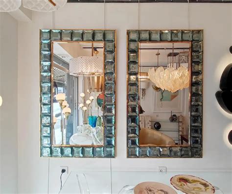 Mirrror In Celadon Green Murano Glass And Brass