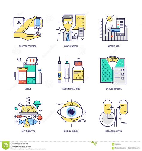 Linha Fina ícones Ajustados Da Vida Do Diabetes Vetor Liso Ilustração