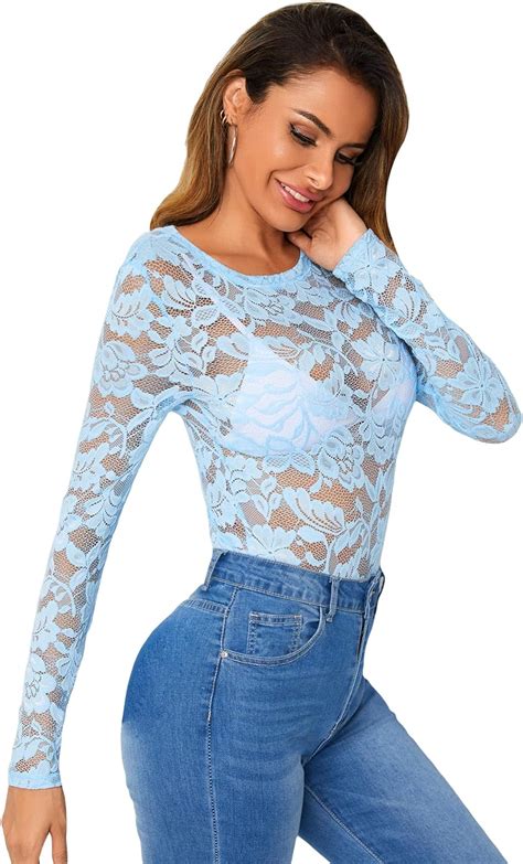 Wdirara Womens Floral Embroidery Mesh Lace Round Neck Long Sleeve Top At Amazon Womens