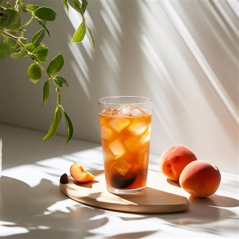 Premium Photo There Is A Glass Of Iced Tea And Two Peaches On A Table Generative Ai