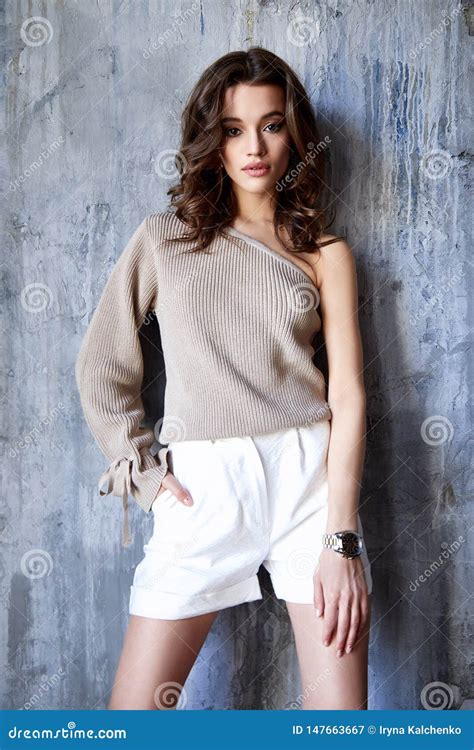 Beautiful Woman Fashion Glamour Model Brunette Hair Makeup Wear Blouse Trousers Skinny Shorts