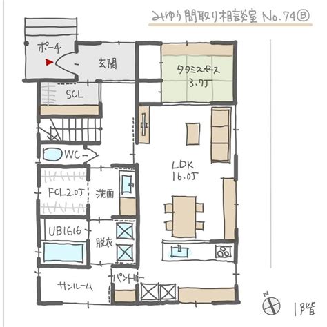 南面にサンルームがあり、回遊できる家事動線の間取り【35坪4ldk2階建】no 74b みゆう間取り相談室 35坪 間取り フロアプラン