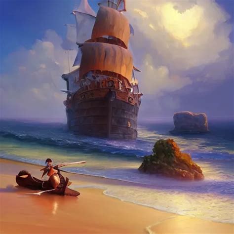 Krea A Painting Of An Island With A Pirate Ship On It A Detailed