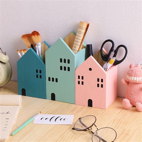 Creatieve Huis Vorm Houten Potlood Pen Holder Desk Grandado