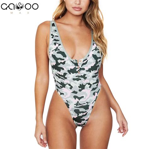 Buy Camouflage One Piece Swimsuit Fused Thong Backless