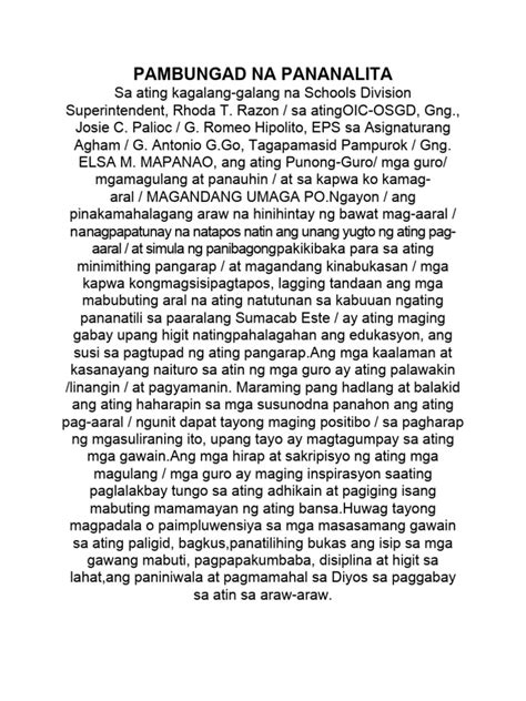 Pambungad Na Pananalita Pdf