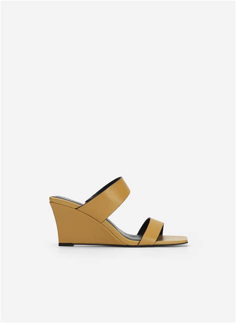 Double Strap Wedge Heel Lizard Effect Mules Gxg 0053 Dark Yellow