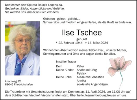 Traueranzeigen Von Ilse Tschee Schwaebische De Trauerportal