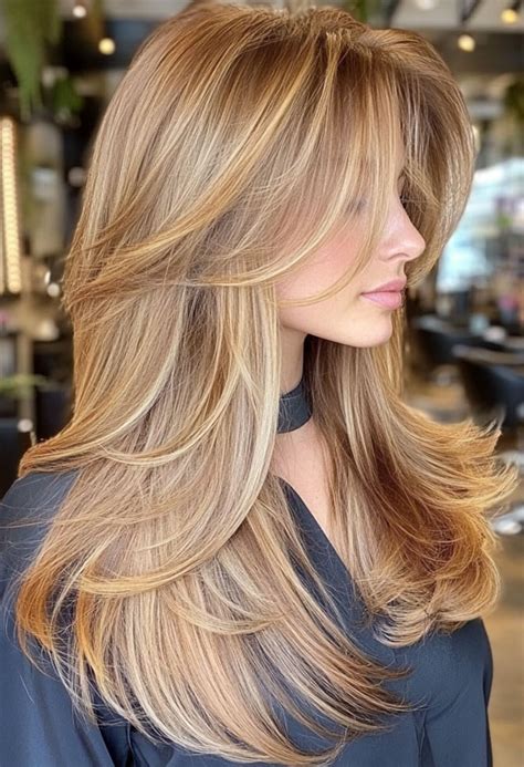 Curtain Bangs With Layered Long Hair Golden Blonde Layers With Flowing Curtain Bangs