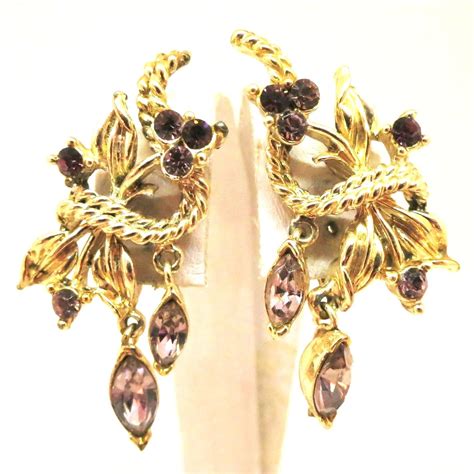 Purple Rhinestone Dangle Earrings Vintage Coro Signed Gold