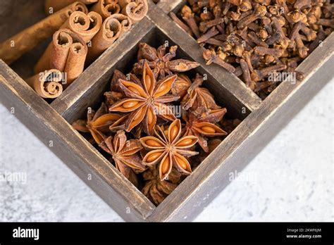 Different Spices Cinnamon Cloves And Star Anise On Wooden Box