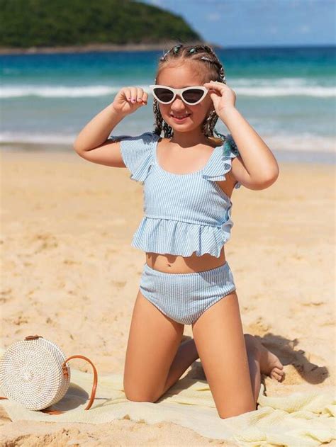 Chica preadolescente Bañador bikini de rayas ribete con fruncido Moda