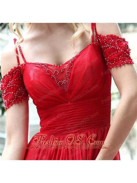 Red Empire Off The Shoulder Floor Length Chiffon Pleat And Beading Prom