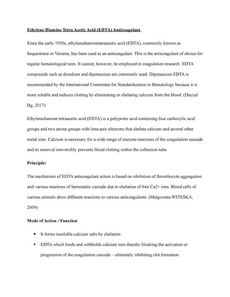 Ethylene Diamine Tetra Acetic Acid This Is The Anticoagulant Of