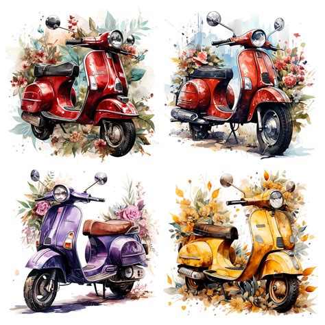 Italian Watercolor Vespa With Flowers Clipart Motorcycle Clipart