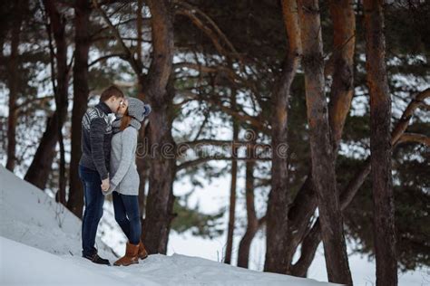 The Couple Hugs and Smiles while Standing in the Snow. Stock Photo - Image of family, together ...