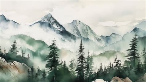 Watercolor Painting of a Mountains and Pine Tree. Generative AI Stock ...