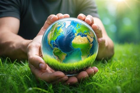 Un Hombre Con Un Globo De Vidrio Concepto Día Tierra Salvar El Mundo Salvar El Medio Ambiente El