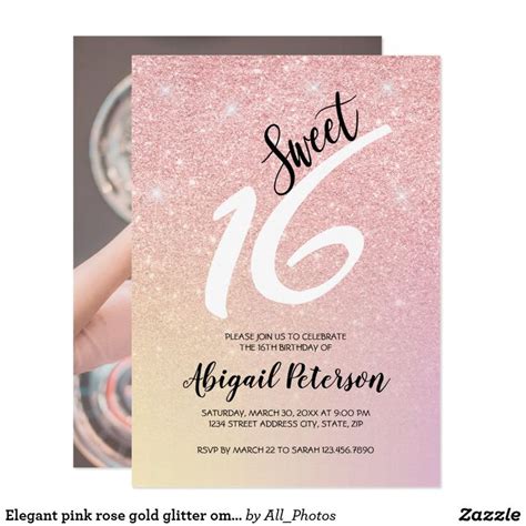 Elegant Pink Rose Gold Glitter Ombre Sweet Sixteen Invitation Sweet