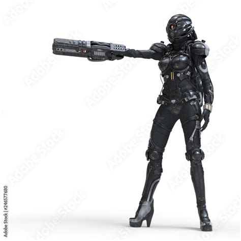 Science Fiction Cyborg Female Standing And Shooting With Gun Cyborg