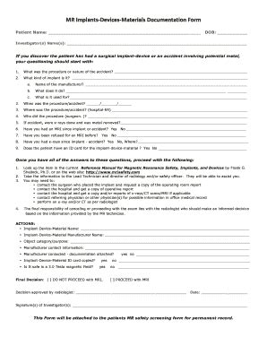 Fillable Online MRI Implant Form MISH Hospital And Clinics Fax Email