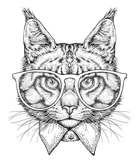 Hand Drawn Portrait Of Cat In Glasses With Bow Tie Vector Illustration