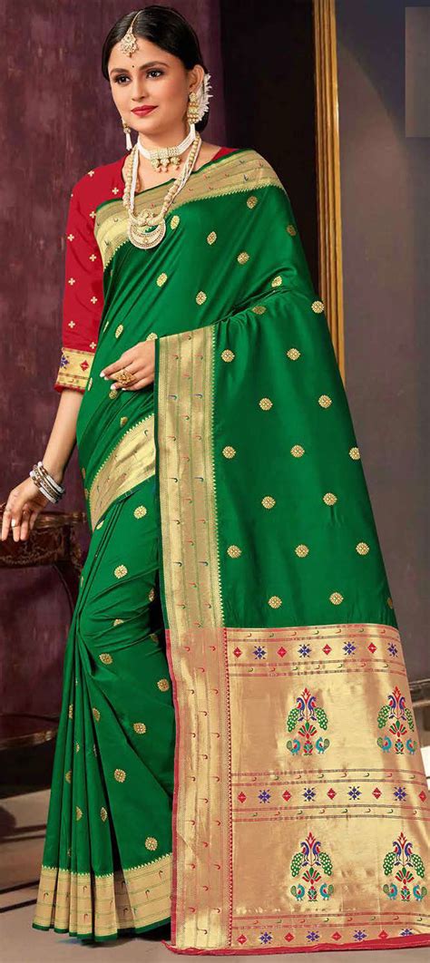 Engagement Traditional Wedding Green Color Silk Fabric Saree