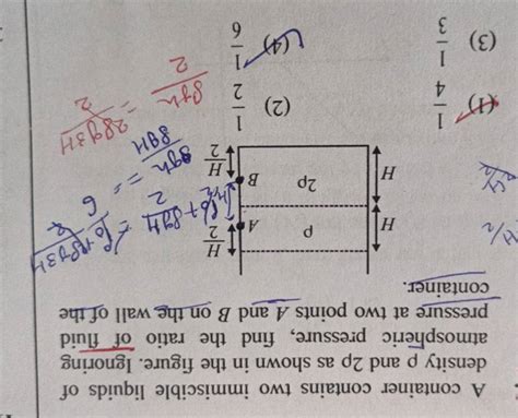 A container contains two immiscible liquids of density ρ and 2ρ as shown