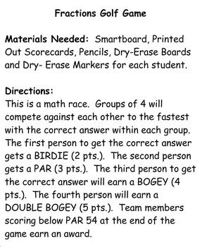 Fractions Golf Game for Adding, Subtracting, Multiplying and Dividing Fractions