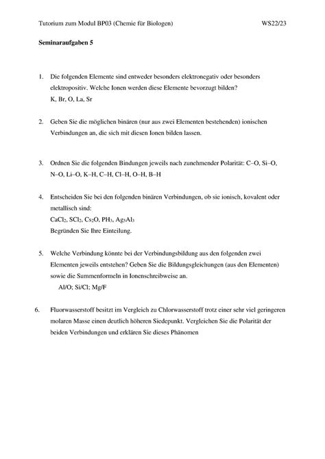 Übung 5 BP03 WS22 23 Tutorium zum Modul BP03 Chemie für Biologen