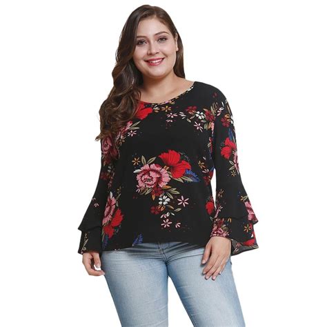 Crew Neck Long Bell Sleeve Floral Print Chiffon Blouse For Women 1193