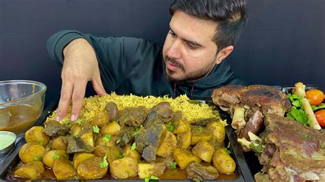 ASMR Eating Spicy Mutton Liver Potato Curry Raosted Mutton Legs With