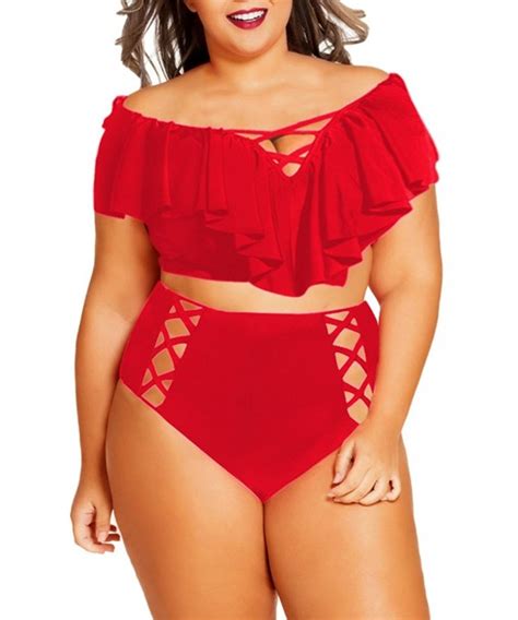 Women S Plus Size Off The Shoulder Ruffles High Waist Bikini Sets Swimsuit Red C Azkiknn