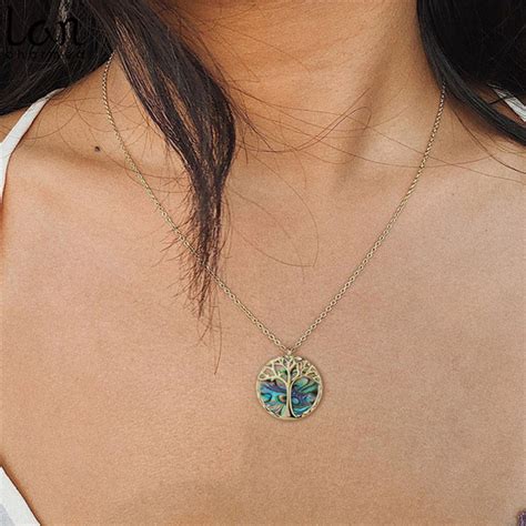 Collier Avec Pendentif Rond Arbre De Vie Et Nacre