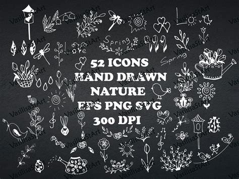 52 Nature Icons Clipart, Svg Elements, Chalkboard Clipart, Hand Drawn ...