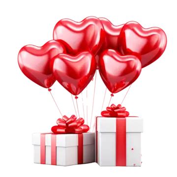 White Gift Boxes With Red Ribbons And Baloons In Heart Shape