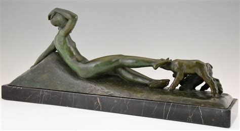 Art Deco Bronze Sculpture Of A Reclining Nude With Goats Deconamic