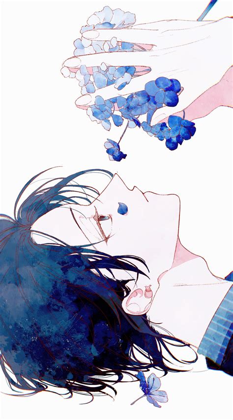 Safebooru 1boy Absurdres Accookie Bishounen Black Hair Blue Flower Blue Hair Flower Hand Up