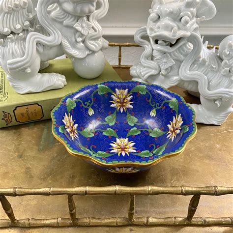 Chinoiserie Blue And Green Cloisonne Enamel Brass Bowl Etsy