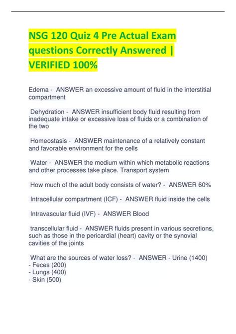 NSG 120 Quiz 4 Pre Actual Exam Questions Correctly Answered VERIFIED