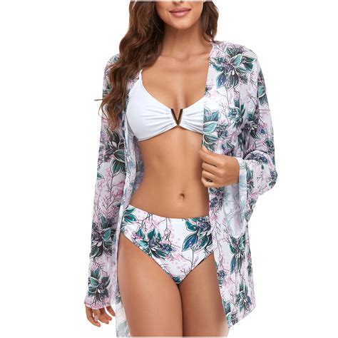 Piece Swimsuit For Women Floral Tropical Bikini Set With Beach Kimono Cover Ups V Neck Padded