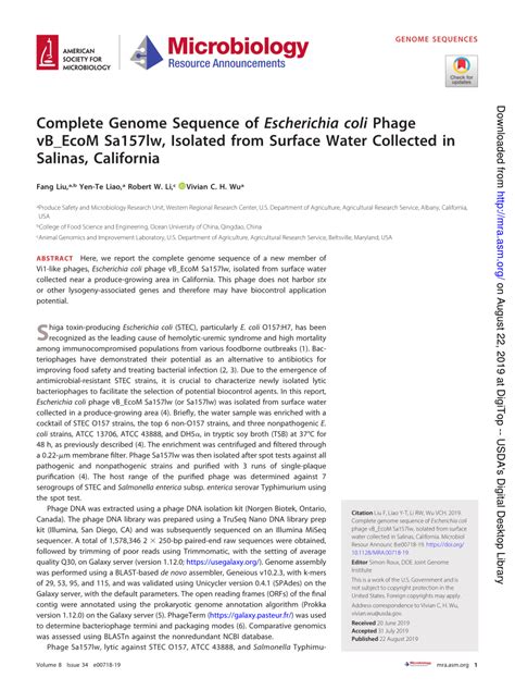 PDF Complete Genome Sequence Of Escherichia Coli Phage VB EcoM