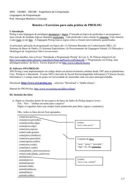 Roteiro E Exerc Cios Para Aula Pr Tica De Prolog Hudson Costa