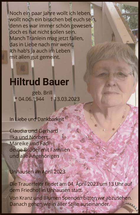 Traueranzeigen Von Hiltrud Bauer Trauer Hna De