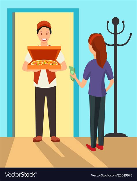 Pizza Delivery Man At Doorway Flat Characters Vector Image