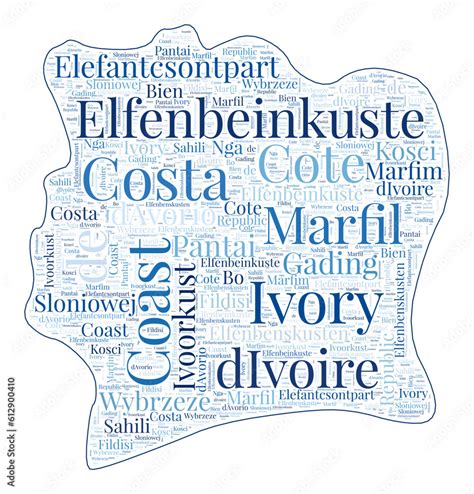 Ivory Coast Shape Filled With Country Name In Many Languages Ivory