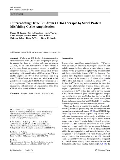 PDF Differentiating Ovine BSE From CH1641 Scrapie By Serial Protein