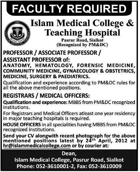 Islam Medical College And Teaching Hospital Jobs In Sialkot Jang On 08